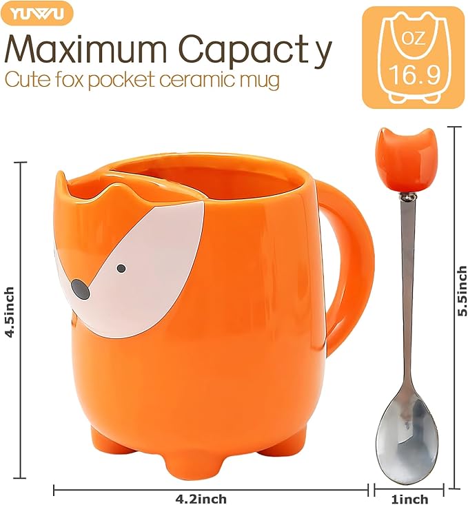 Yuwu uwu 17oz Fox Mug with Built-in Tea Bag Holder and Spoon – Cute Glossy Ceramic Animal Tea Cup for Kids, Women, Girls – Gift for Autumn, Birthday, Christmas (orange)