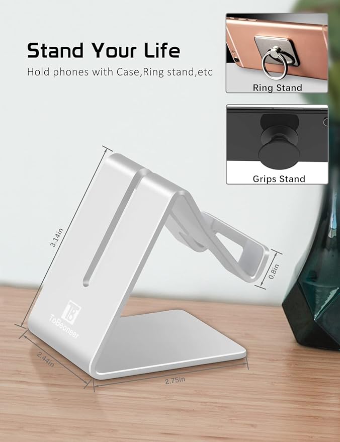 Desktop Cell Phone Stand Holder, Aluminum Solid Portable Universal Desk Stand for iPhone 16 15 14 13 12 11 X 8 7 6 Plus 5 Ipad 2 3 4 Mini Samsung Huawei All Mobile Smart Phone, Silver