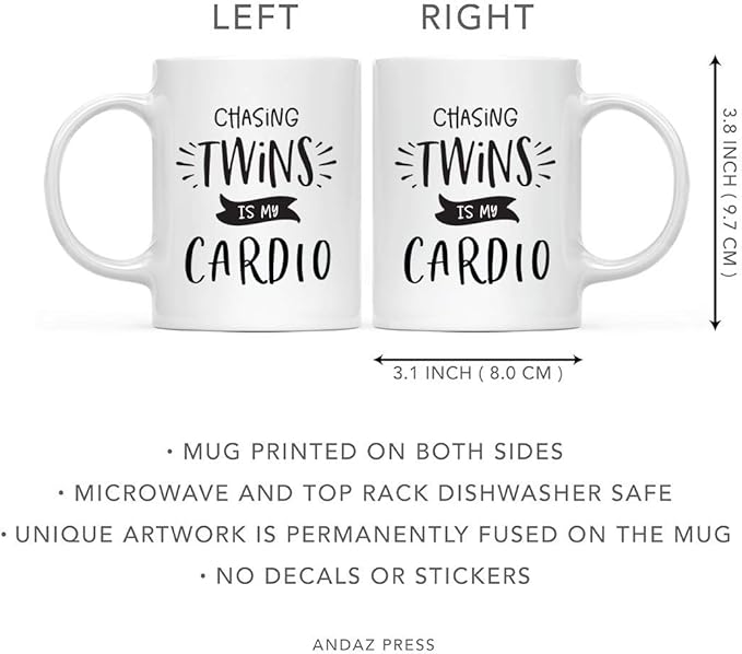 Andaz Press Mother's Day 11oz. Ceramic Coffee Tea Mug Gift for Mom, Chasing Twins is My Cardio, 1-Pack