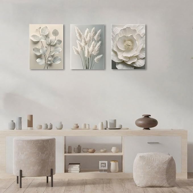 TUEASKY 3 Piece Canvas Wall Art Beige Wall Decor Flower Pictures Floral Art Prints Neutral Botanical Paintings Minimalist Artwork For Bedroom Living Room Office