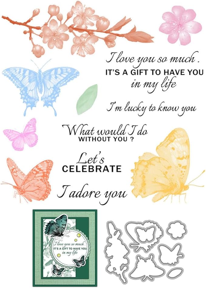 Butterfly Flower Stamps and Cutting Dies for Card Making DIY Transparent Silicone Clear Stamp and Metal Die Cuts Sets for Scrapbooking Paper Greeting Cards Decor Seals Craft Supplies