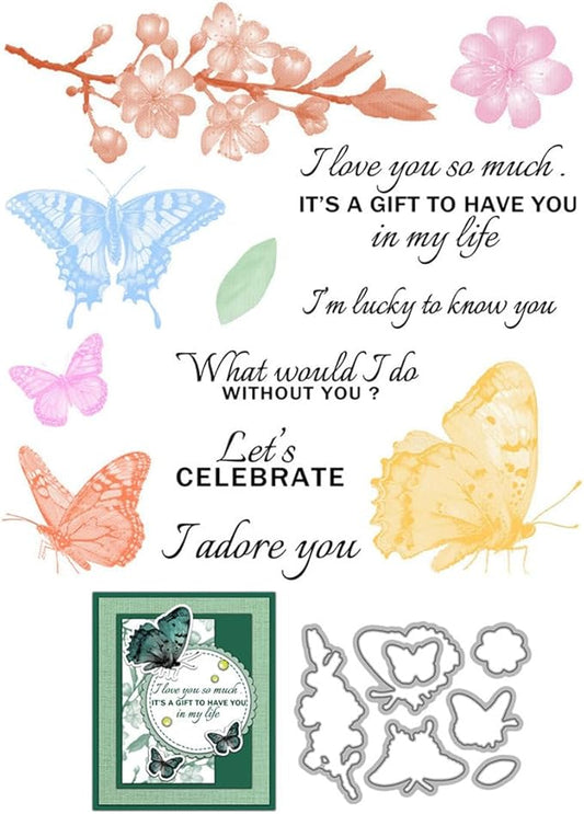 Butterfly Flower Stamps and Cutting Dies for Card Making DIY Transparent Silicone Clear Stamp and Metal Die Cuts Sets for Scrapbooking Paper Greeting Cards Decor Seals Craft Supplies