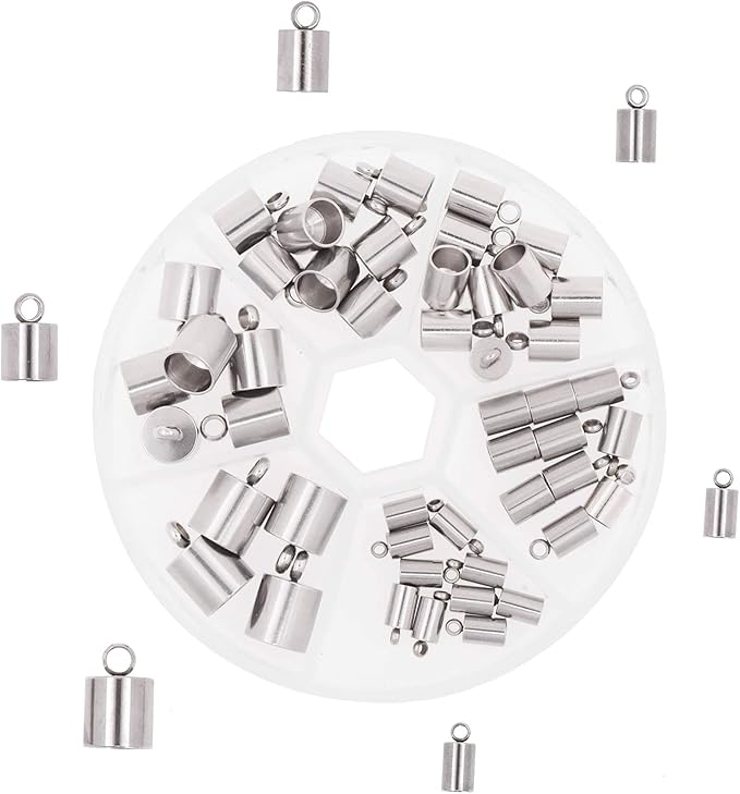 Mandala Crafts Stainless Steel Leather Cord End Caps for Jewelry Making, Tassel Caps, 4mm to 9mm 48 PCs Cylinder Cord Ends, Kumihimo Supplies and Jewelry Findings