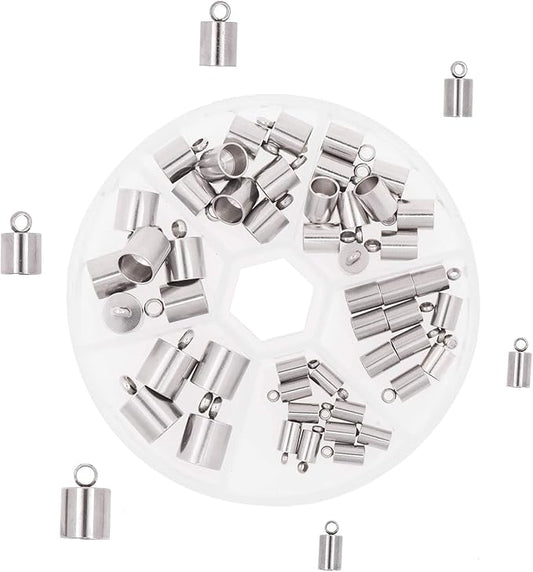 Mandala Crafts Stainless Steel Leather Cord End Caps for Jewelry Making, Tassel Caps, 4mm to 9mm 48 PCs Cylinder Cord Ends, Kumihimo Supplies and Jewelry Findings