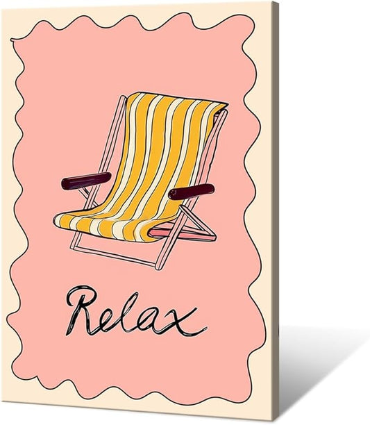 Framed Abstract Pink Yellow Ocean Coastal Beach Chair Wall Art Trendy Summer Relaxing Seaside Canvas Prints Painting Aesthetic Preppy Decor Picture for Living Room Bedroom Decoration 24x36inch