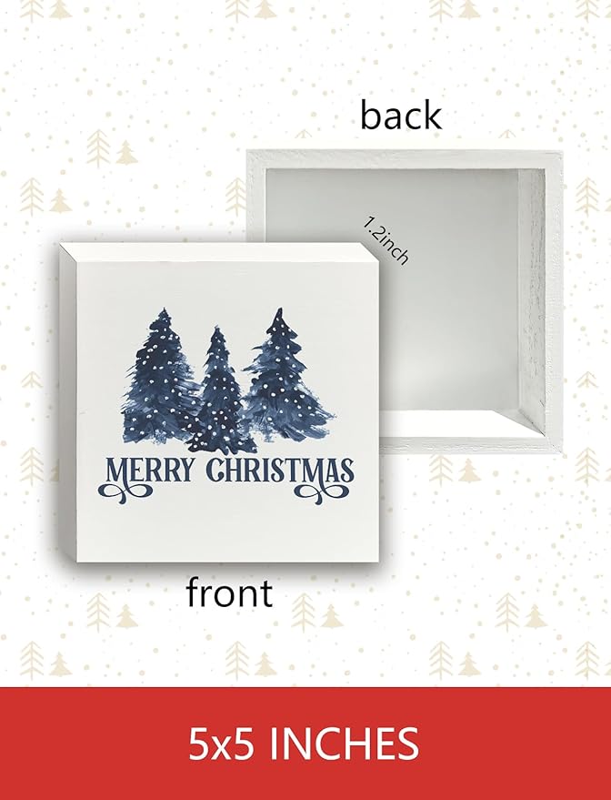 Navy Blue Christmas Tree Wooden Box Sign, Blue Christmas Decor, Farmhouse Merry Xmas Tree Winter Holiday Wood Signs for Home Office Desk Shelf Tabletop Decor, 5x5 Inch Decorative Signage