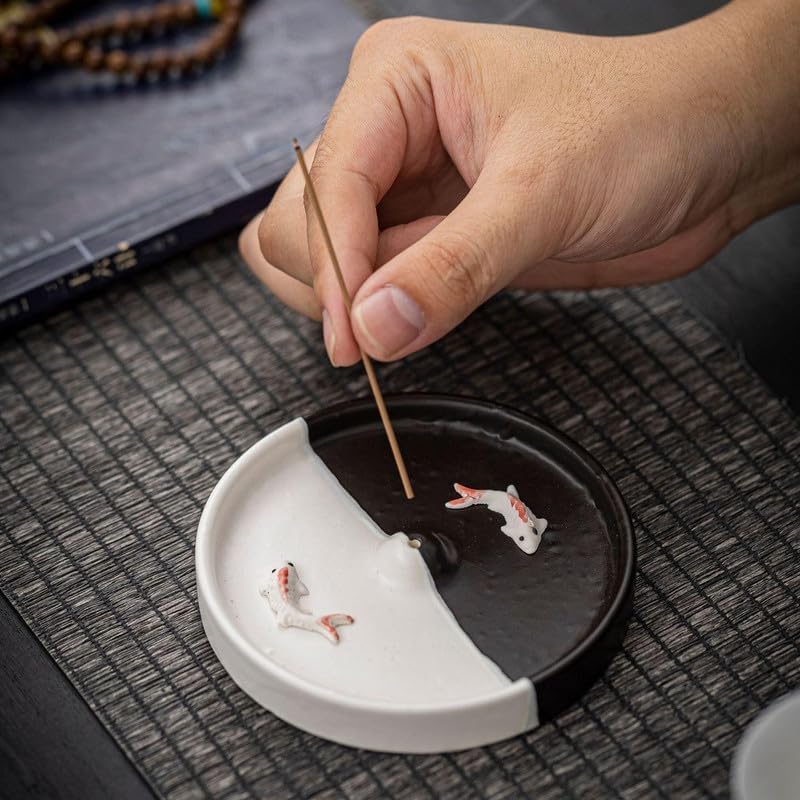 Incense Holder Modern Minimalist Circular Incense Stick Burner for Cones or Sticks for Yoga & Meditation, Enhance Atmosphere,Ceramic Ash Catcher White with Small Fish - Image 2