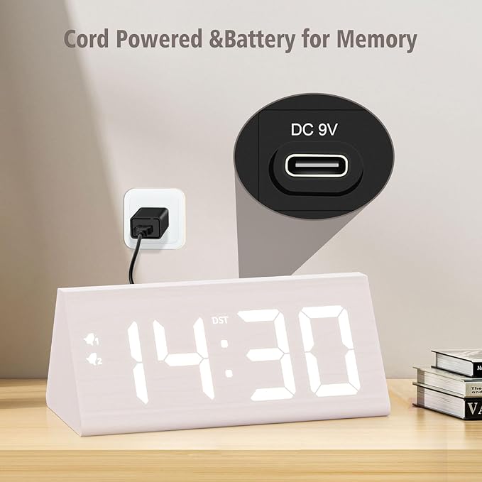 Wooden Digital Alarm Clock with Dual USB Charging Ports, DST, Dimmable, Snooze, Modern Large Time Display LED Clock for Kids Bedrooms, Living Room, Desk, Table, Bedside, Nightstand (White)