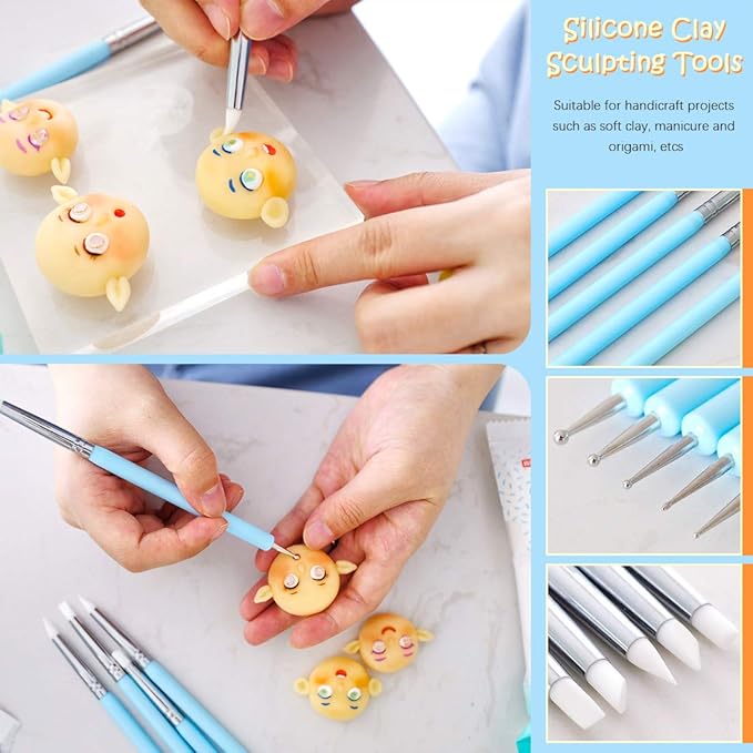 Rustark 24 pcs Pottery Tools Polymer Modeling Clay Sculpting Tools Set Dotting Pen, Silicone Tips, Ball Stylus, Pottery Ceramic Clay Indentation for Clay Ceramic Sculpture, Cake Fondant Decoration
