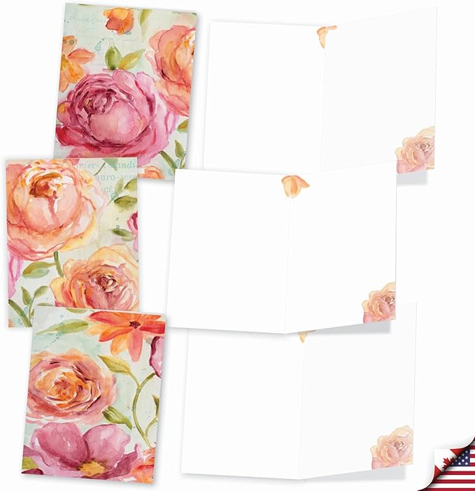 The Best Card Company - 10 Boxed Note Cards with Flowers - Blank Assorted Floral Notecards Bulk (4 x 5.12 Inch) - Warm Blossoms M1715BN