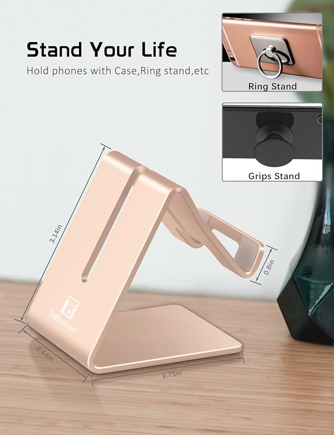 Phone Stand, Aluminum Phone Holder for iPhone 16 15 14 13 12 11 X 8 7 6 Plus 5, Tablet, Samsung, Huawei, Suitable for All Smartphones, Adding a Touch of Style to Your Office Decor, Gold