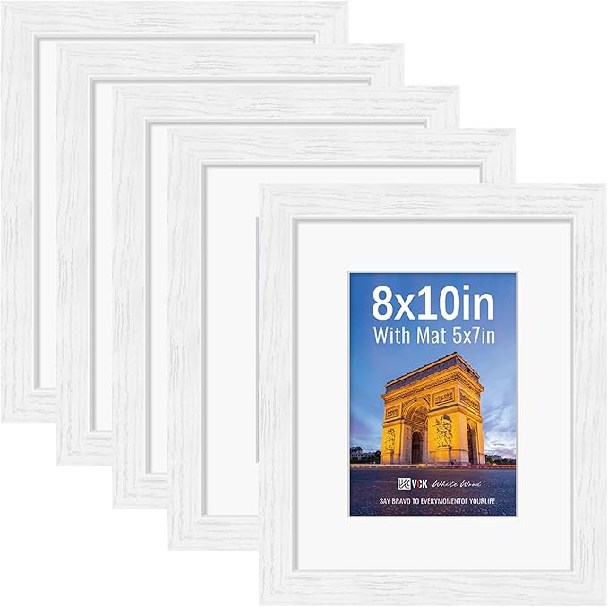 VCK 8x10 Picture Frames White Set of 5, Wide Border Wood, Tempered Glass, Display 5x7 Photo with Mat or 8 x 10 without, for Home, Office, Gallery, Woodgrain Series, Tabletop & Wall Hanging