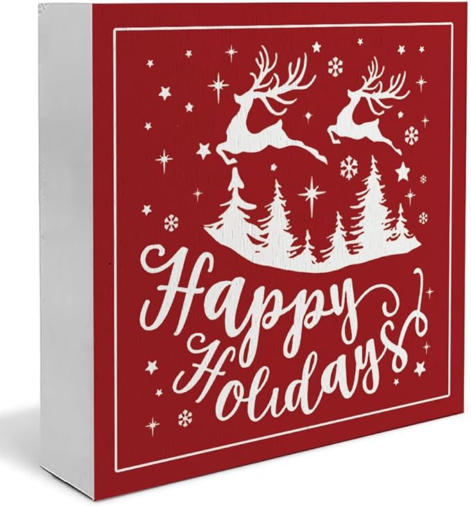 Happy Holiday Christmas Wooden Box Sign, Christmas Desk Decor, Farmhouse Red Christmas Trees Reindeer Snowflake Xmas Wood Signs for Home Office Table Shelf Decoration, 5x5 Inch