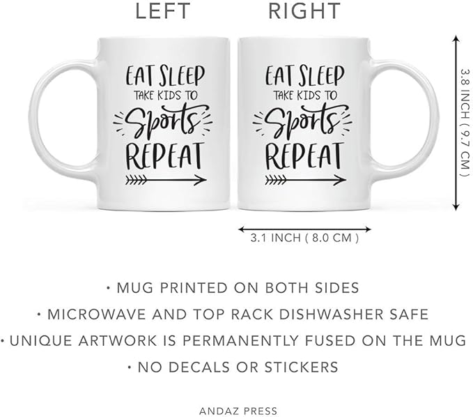 Andaz Press Mother's Day 11oz. Ceramic Coffee Tea Mug Gift for Mom, Eat. Sleep. Take Kids to Sports. Repeat, 1-Pack
