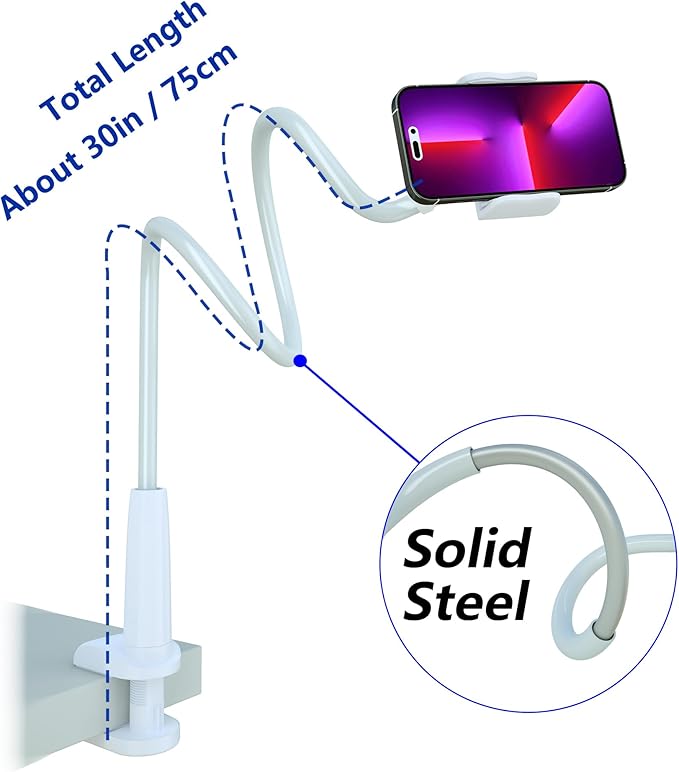 Cell Phone Clip Bed Stand Holder, with Grip Flexible Long Arm Gooseneck Bracket Mount Clamp for Desk, Compatible with iPhone 14 Pro Max XR X 8 7 6 or Other 3.5-7" Devices (White)