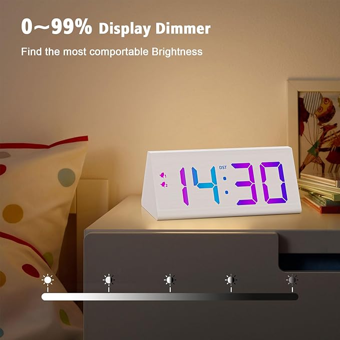 Wooden Digital Alarm Clock with Dual USB Charging Ports, DST, Dimmable, Snooze, RGB Colors, Modern Large Time Display LED Clock for Kids Bedrooms, Living Room, Desk, Table, Bedside, Nightstand (White)