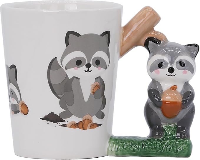 Ceramic Mug for Home & Office, Creative Porcelain 3D Animal Cup with Handle for Coffee, Tea, Juice, Milk & Water, 13.5 oz. Raccoon Mug Gift, 4.3" H