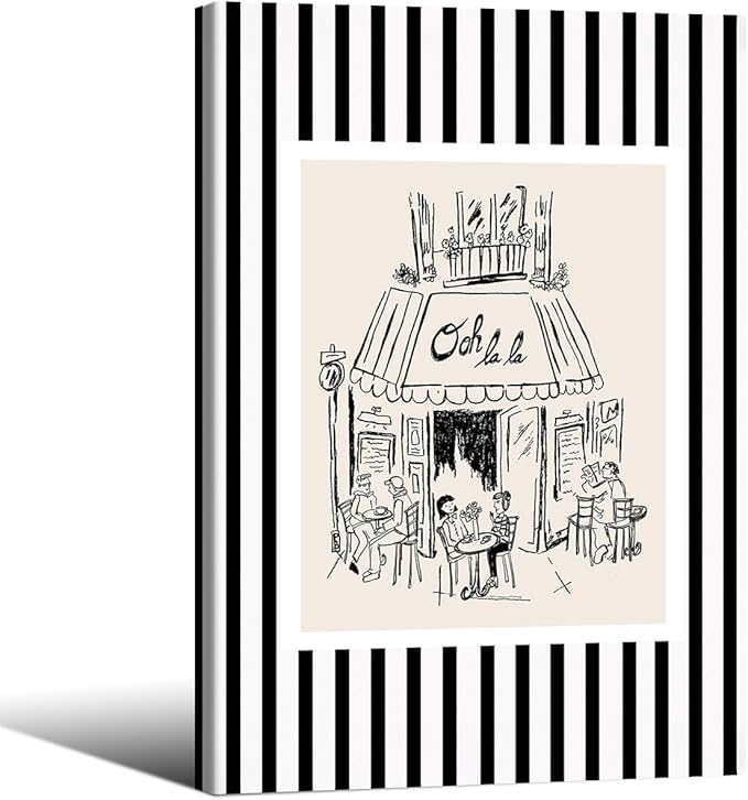 Black and White Stripe Sketch Wall Art French Paris Cafe Aesthetic Poster Funky Minimalist Canvas Prints 16X24 inch Framed for Kitchen Coffee Bedroom Wall Decor