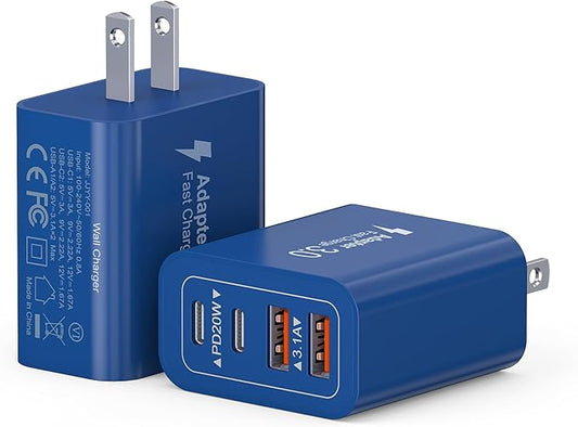 40W USB C Charger Block, 2-Pack 4-Port Type C Fast Charging Brick Dual PD&QC Wall Plug Adapter Power Brick for iPhone 13/14/15/16/17/Pro/Pro Max/Plus/iPad/Airpods/iwatch/Samsung Galaxy (Blue)