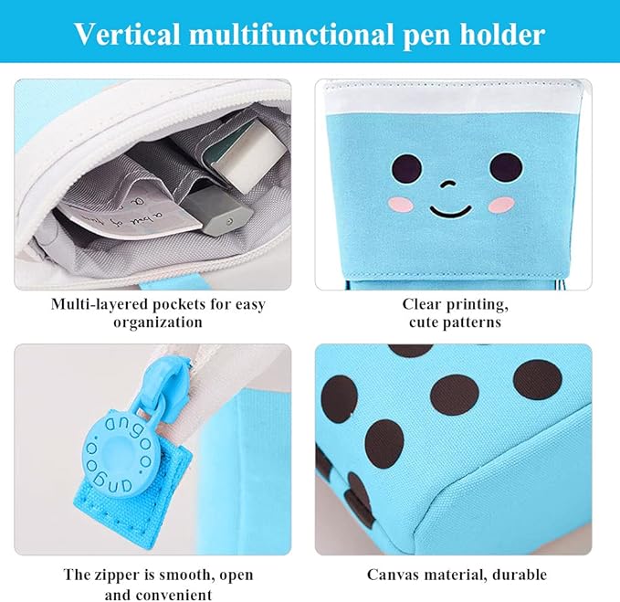 Cute Standing Pencil Case Pen Holder for Kids, Pop Up Stand UP Bubble Tea Pen Organizer Kawaii Stationary for Christmas Holiday New Year Office (Blue)