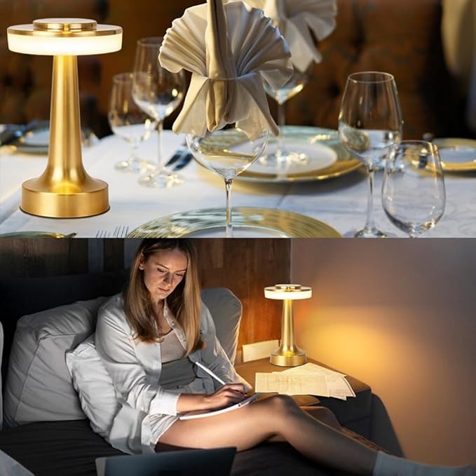 Cordless Metal Desk Lamp, Touch Sensor Control LED Table Lamp,3 Color Stepless Dimmable Battery Powered Lamp for Living Room, Dorm, Home Office (Gold)