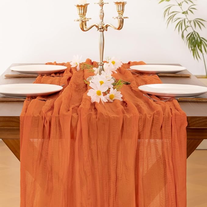 Socomi 10pcs Orange Valentine's Day Cheesecloth Table Runner Boho Rustic Gauze 120 inch 10FT Cheese Cloth Runner for Wedding Party Baby Shower Birthday Home Decor Holiday Decorations