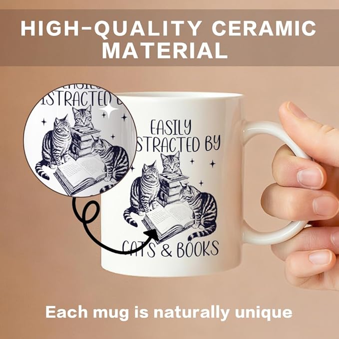 Easily Distracted By Cats Books Coffee Mug, Cute Cats and Books Theme Gifts for Cat Book Lover Reader Bookworm, Birthday Christmas Gifts for Book Club Member Librarian Bibliophile Friend