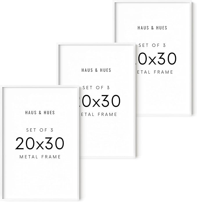 HAUS AND HUES 20x30 White Aluminum Frame Set of 3 - Premium Build, Vertical & Horizontal Hanging, Shatterproof Plexiglass (20x30 in, White)