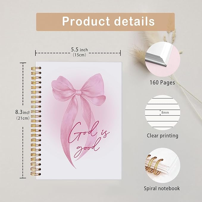 MOFUYU Prayer Journal for Woman,Bible Study Notebook,Coquette Pink Bow Notebook for Bible Notes,God is Good,Cute Notebooks for Women,Pink School Supplies Hardcover Spiral Notebook 5.5x8.3 Inch