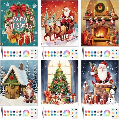 Dinifee 6 Pack Pre Drawn Canvas for Painting Pre Printed Canvas Kit 8 x 10 Inch Stretched Cotton Paint and Sip Set for Adults Couple Party Graduation Summer Date Night(Merry Xmas) by Dinifee