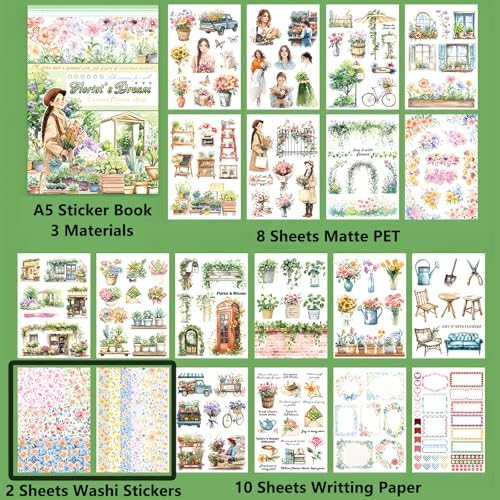 YagCu Flower Journaling Stickers, Floral Scrapbook Sticker, Florist Junk Journal Supplies, Pre-Cut Aesthetic Scrapbooking for Women, Spring Green Decorative Bullet Planner Arts - Image 5