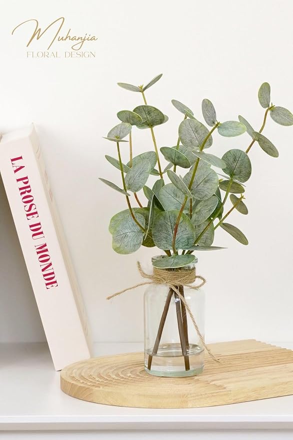 Muhanjia Artificial Eucalyptus Stems in Glass Vase with Faux Water,3Pcs Fake Plant with Double-Sided Green Leaves for Centerpiece(Double-Sided Green Eucalyptus)