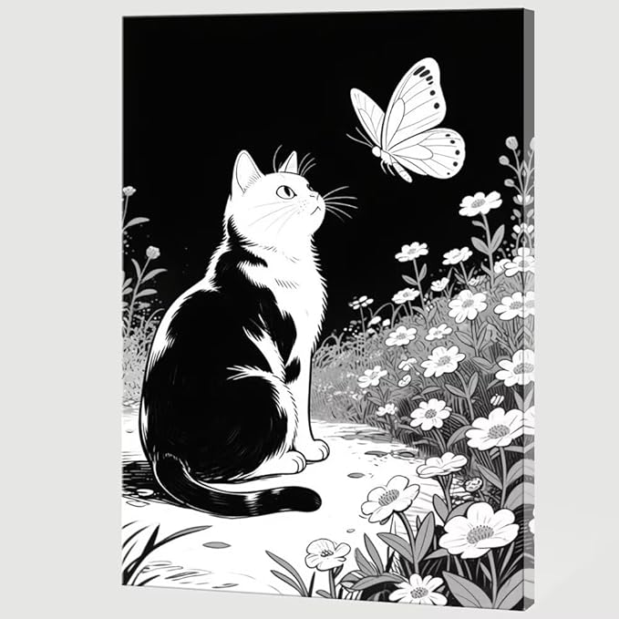 Cats Butterflies in Flowers Canvas Poster Vintage Minimalist Nature Wall Art Trendy Black White Aesthetic Painting Prints Modern Animal Home Decor for Bedroom Living Room 12x16inch Framed