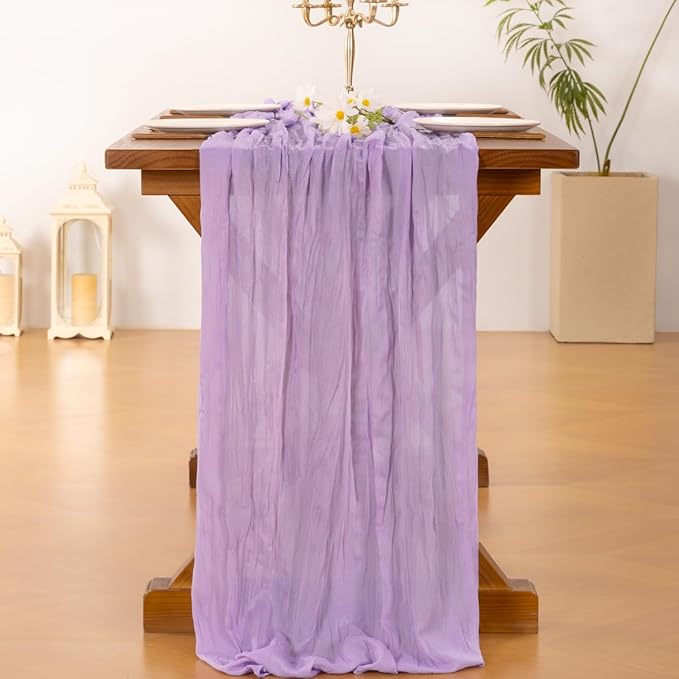 Socomi 3pcs Lilac Purple Lavender Cheesecloth Table Runner Valentine's Day Boho Rustic Gauze 120 inch 10FT Cheese Cloth Runner for Wedding Party Baby Shower Birthday Home Decor Holiday Decorations