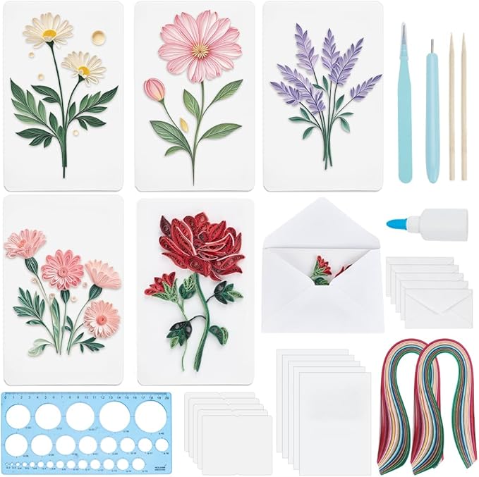 WEBEEDY 20 Sets DIY Single Bouquet Paper Quilling Kits 5 Styles Rose,Daisy Greeting Cards Making Kit with Instruction for Adult Beginner Handmade Minimalist Greeting Cards for Birthday Holiday