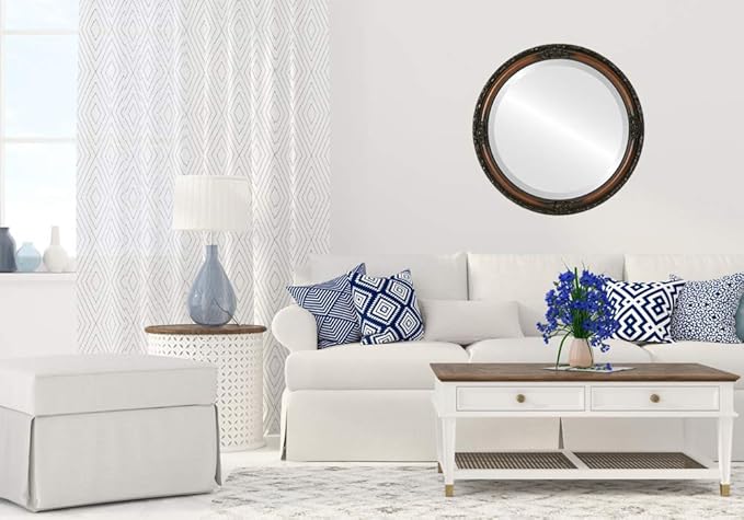 OVALCREST Round Beveled Wall Mirror for Home Decor - Jefferson Style - Walnut - 16x16 Outside Dimensions