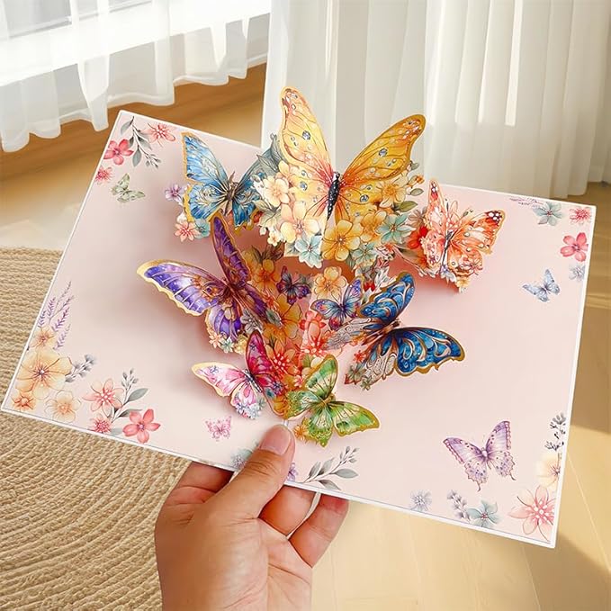 3D Bouquet Butterflys Orange Pop Up Thank you Card, Teacher Appreciation Card, Handmade Flowers Box Greeting Cards with Note and Envelope for New Year Anniversary