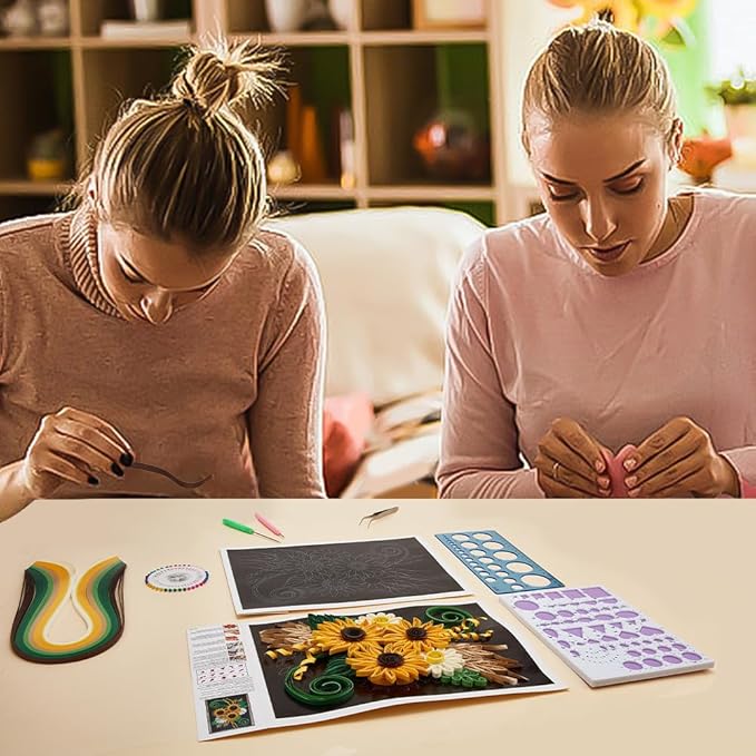 WEBEEDY Paper Quilling Kit DIY Sunflower Paper Filigree Kit with Quilling Strips Tool and Supplies Paper Quilling Set for Beginners Handmade Crafts Modern Room Wall Art Decor Gift,21×27.9cm/8.3×11"