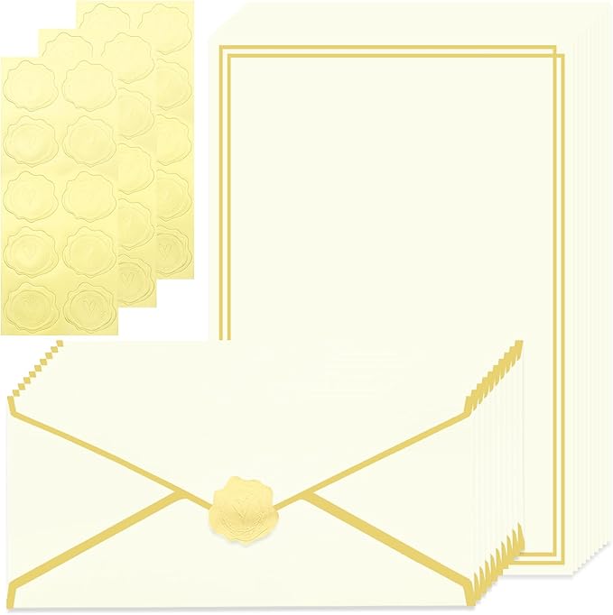 30 Pack Stationery Paper Set with Gold Border Including #10 Business Envelopes and 8.5x11 Paper Sheets 30 Gold Stickers for Love Letters and Party Invitations (Cream Color)