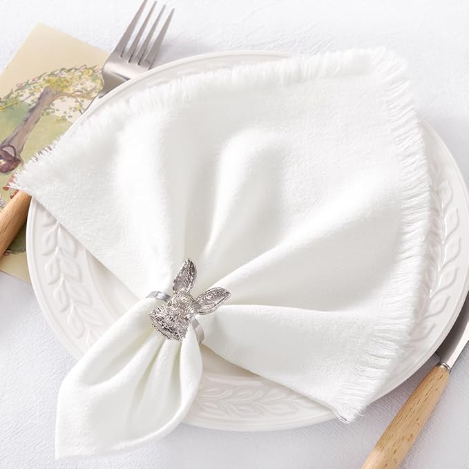 12 Pack Ivory White Cotton Linen Napkins with Fringe Christmas White Cloth Napkins Set of 12 Boho Handmade Dinner Napkins Bulk for Wedding Bridal Baby Shower Valentine's Day, 17 x 17 Inches