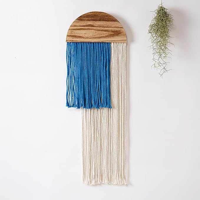 Macrame Wall Hanging, Boho Woven Tapestry, Modern Tassel Wall Decor, Handmade Wall Art Tapestry for Bedroom, Living Room, Home, Bohemian Apartment Decoration Ornament Craft (Blue Semicircle)