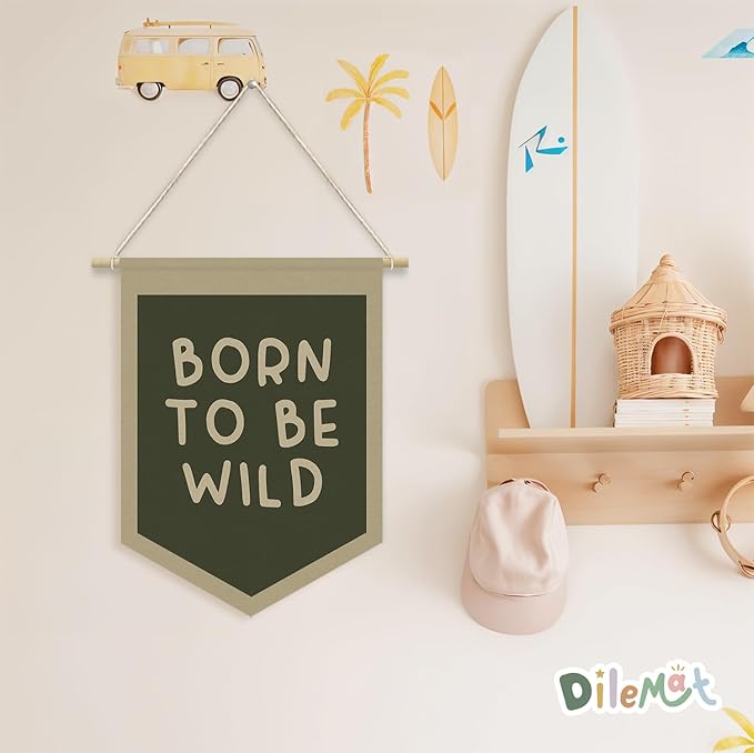 Playroom Wall Decor,Kids Room Decor,Born To Be Wild Linen Pennant Banner Wall Hanging Flag Banner for Kids Room Playroom Bedroom Nursery Camper Safari Themed Nursery Decor