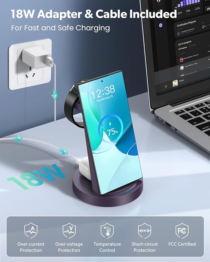 Wireless Charger for Samsung: 3 in 1 Wireless Charging Station for Samsung Galaxy Watch 8 7 6 5 4 3 Pro Classic Galaxy Buds - Charger Dock Stand for S25 S24 Ultra S23 S22 S21 Note Z Fold Android