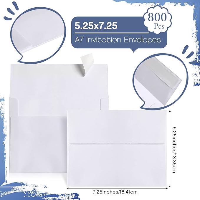 Fainne 800 Pcs White Envelopes Self Adhesive Printable Envelope Bulk for Invitation, Wedding, Baby Shower, Photography, Thank Note, Postcard, Greeting Card, Mailing, Graduation (A7 5.25 x 7.25 Inch)