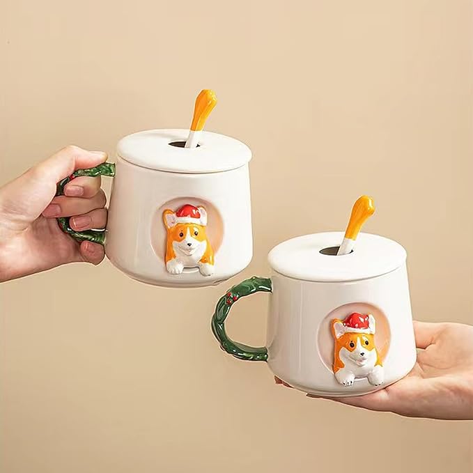 Cute Dog Couple Cup, Ceramic Coffee Mug with a Lid, Family Cup, Office Cup, Concave wood grain pattern handle, Cute Shiba Lnu Three-dimensional Design, with Matte Texture(420ML) (White Hat)