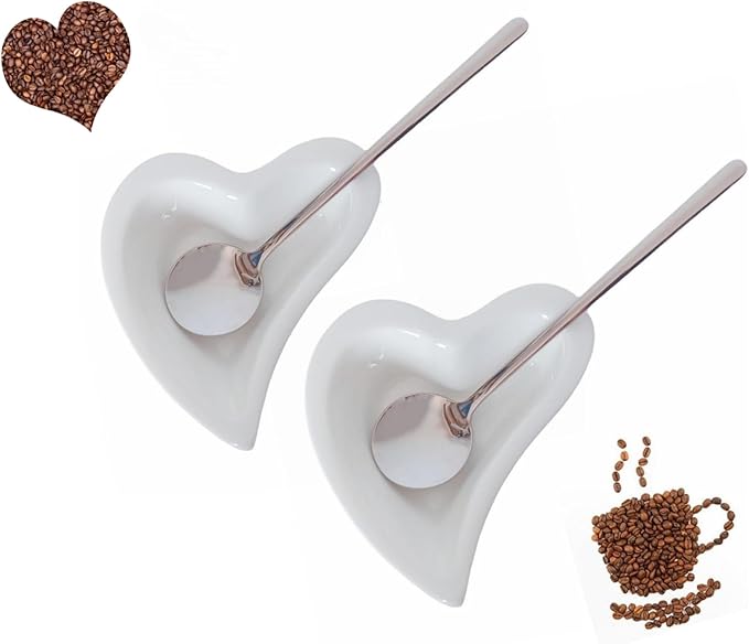 Coffee & Tea Spoon and Rest Set for Coffee Bar Accessories, Heart Cute Mini & Small Coffee Spoon Rest & Holder for Coffee Station & Bar, Teaspoon Rest & Holder (White Rest with Silver Spoon*2)