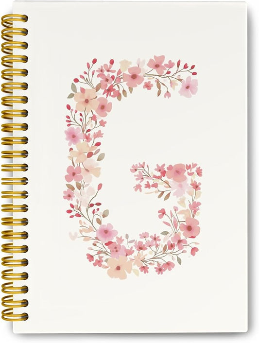 Pink Cute Spiral Notebook Journal, Preppy Floral Initial Letter G Personalized Journaling Notebooks, Monogrammed Gifts for Women Girls, Botanical Hardcover Spiral Lined Notebook 5.5 x 8.3