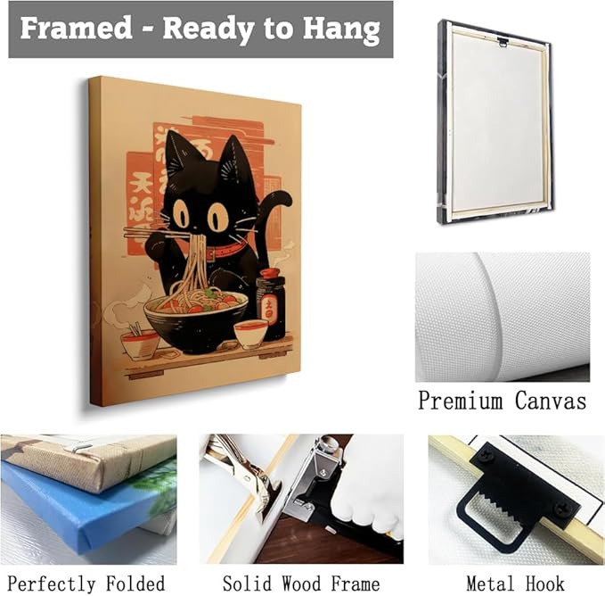 Noodle Black Cat Poster,Tonkine Cat Print,Edo Period Ramen Noodles Art,Ramen Stall Print,Vintage Ramen Print,Japan Black Cat Poster,Eating Hungry Cat For,Kitchen Wall Art20x30 Framed