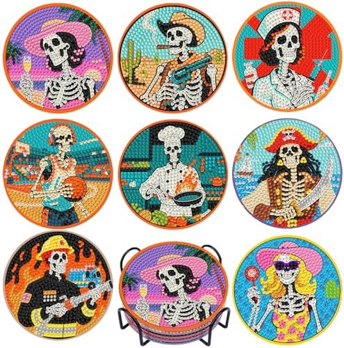 DOTSOPS 8 Pcs Skull Diamond Painting Coasters for Beginners with Holder by DOTSOPS