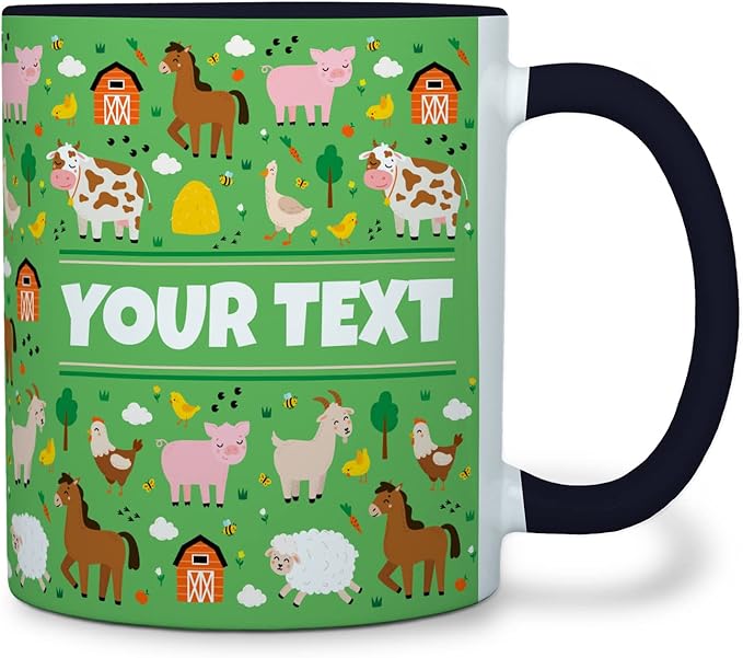 Personalized Mug for Kids - Farm Animals - Custom Name/Text, Ceramic Hot Chocolate/Cocoa/Coffee Cup for Boys/Girls, Birthday/Christmas/Holiday Gift - 11 oz, Pink Handle